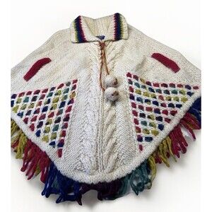 Vintage 1970s Hand-Knitted Wool Poncho – Rainbow Trim, Fringe, and Cable Detail